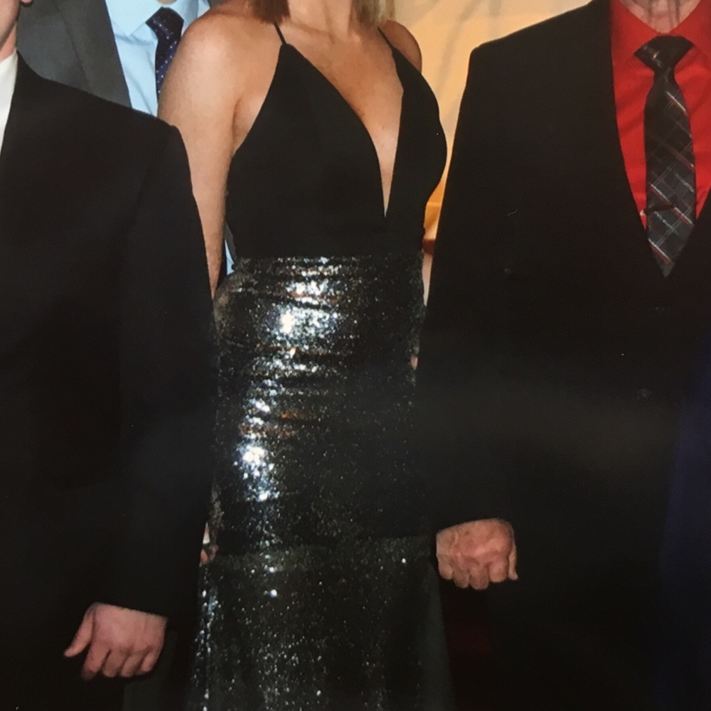 Black and silver sequin gown